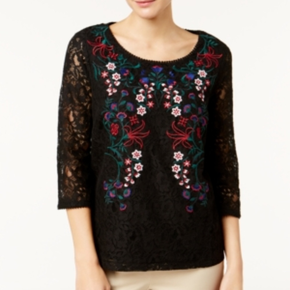 Charter Club Black Floral Embroidered Lace Blouse Top
